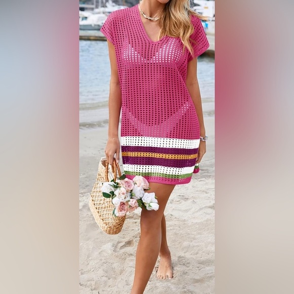 Other - New-XL-crocheted Pink Mesh Beach Cover-Up
V Neck Swimwear Mesh Mini Dress